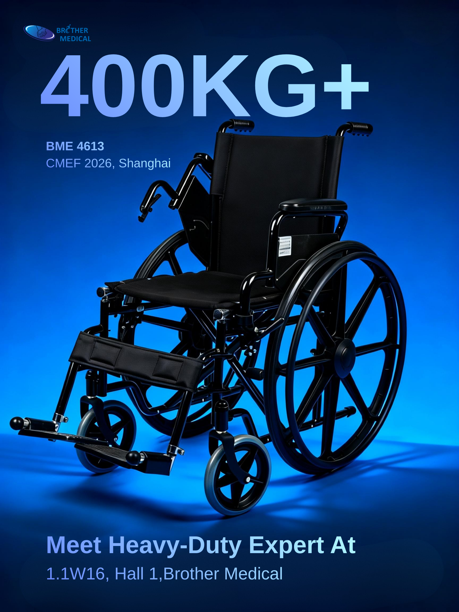CMEF 2026 i&ccedil;in g&uuml;&ccedil;lendirilmiş 300 kg kapasiteli bariatrik tekerlekli sandalyenin &ccedil;er&ccedil;eve detayı.