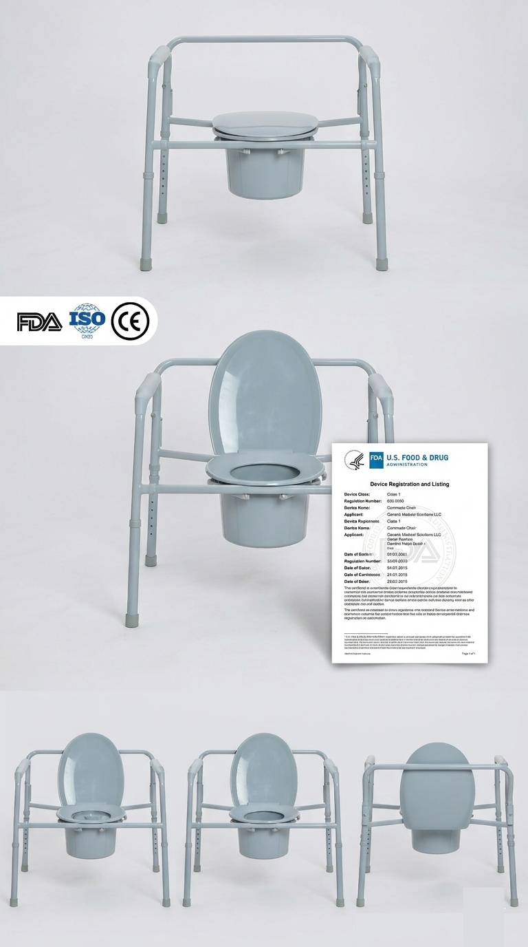 Dayanıklı &ccedil;elik &ccedil;er&ccedil;eveli, 650 lbs'ye kadar destekleyen, FDA kayıtlı bariatrik katlanır tuvalet. HCPCS kodu E0168 ile uyumlu, ABD tıbbi ekipman (DME) pazarları i&ccedil;in sertifikalıdır.