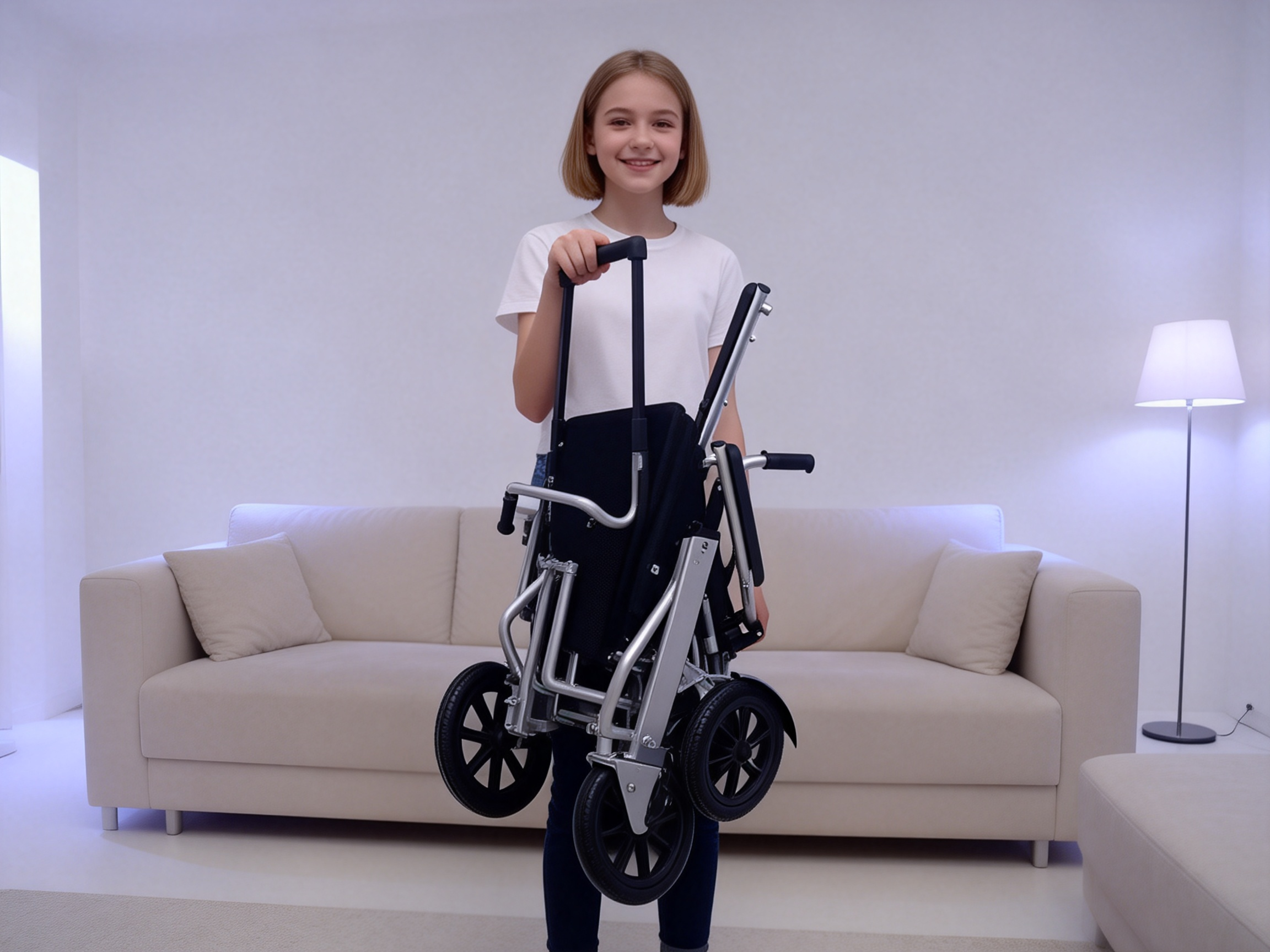 Katlanmış ultra hafif elektrikli tekerlekli sandalye taşıması ve taşınması kolaydır