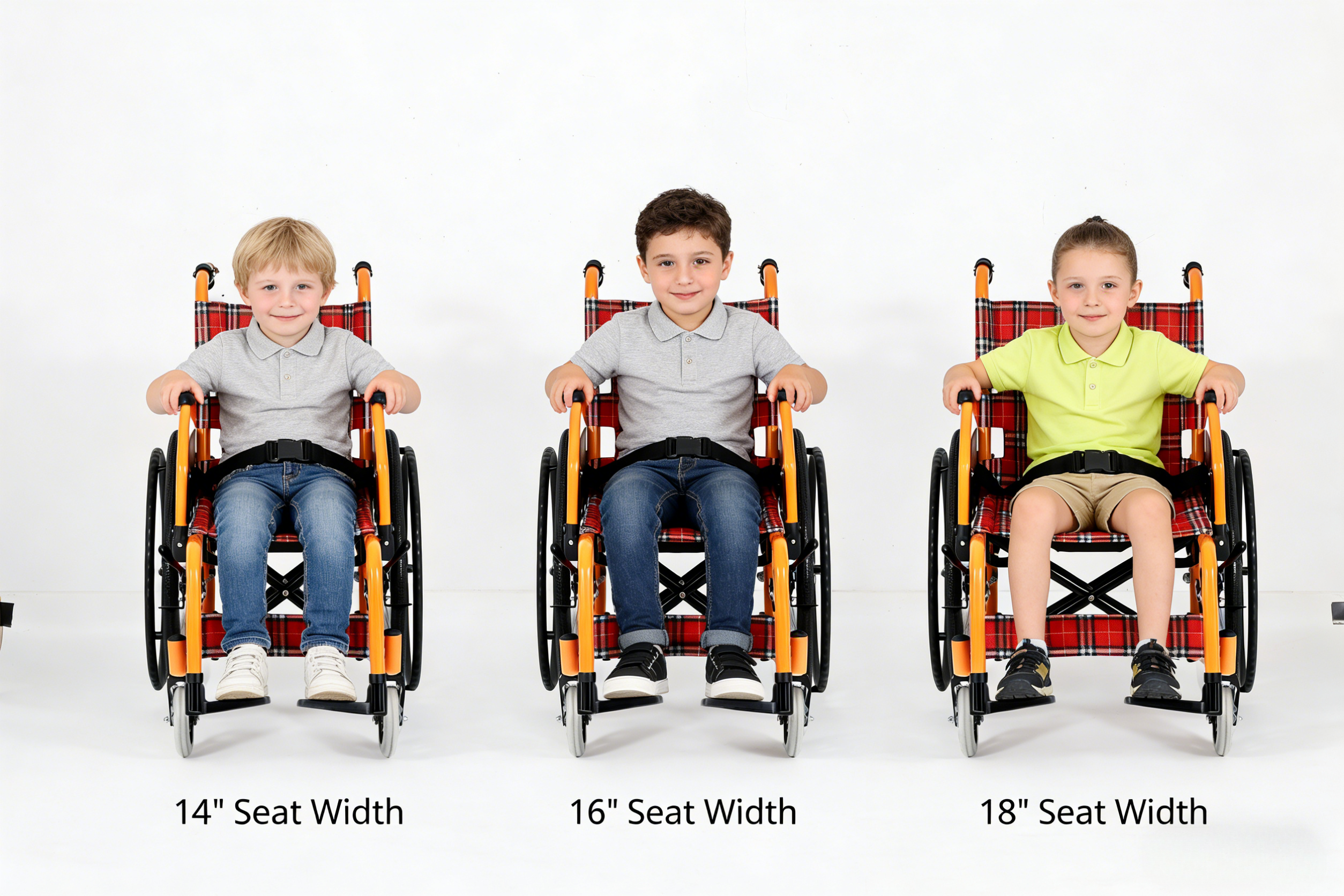 &Ouml;zel boyutlu ve &ouml;zel koltuk genişliğine sahip &uuml;&ccedil; farklı boyutta pediatrik tekerlekli sandalye: 14' 16' 18'