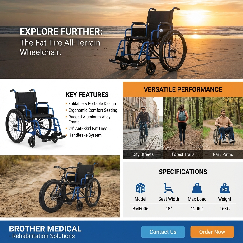 G&uuml;ney Amerika'daki Engebeli Şehir İ&ccedil;i Yollar i&ccedil;in Ağır Hizmete Uygun Hafif Manuel Tekerlekli Sandalye, All-Terrain, Fat Tire, Todo terreno
